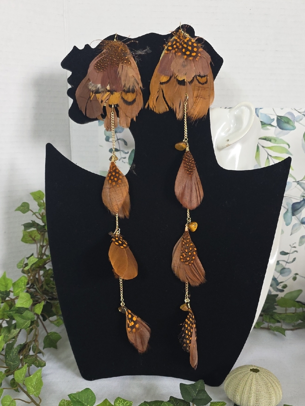 2-in-1 Boho Feather Statement Earrings | Long Gold Chain Shoulder Dusters